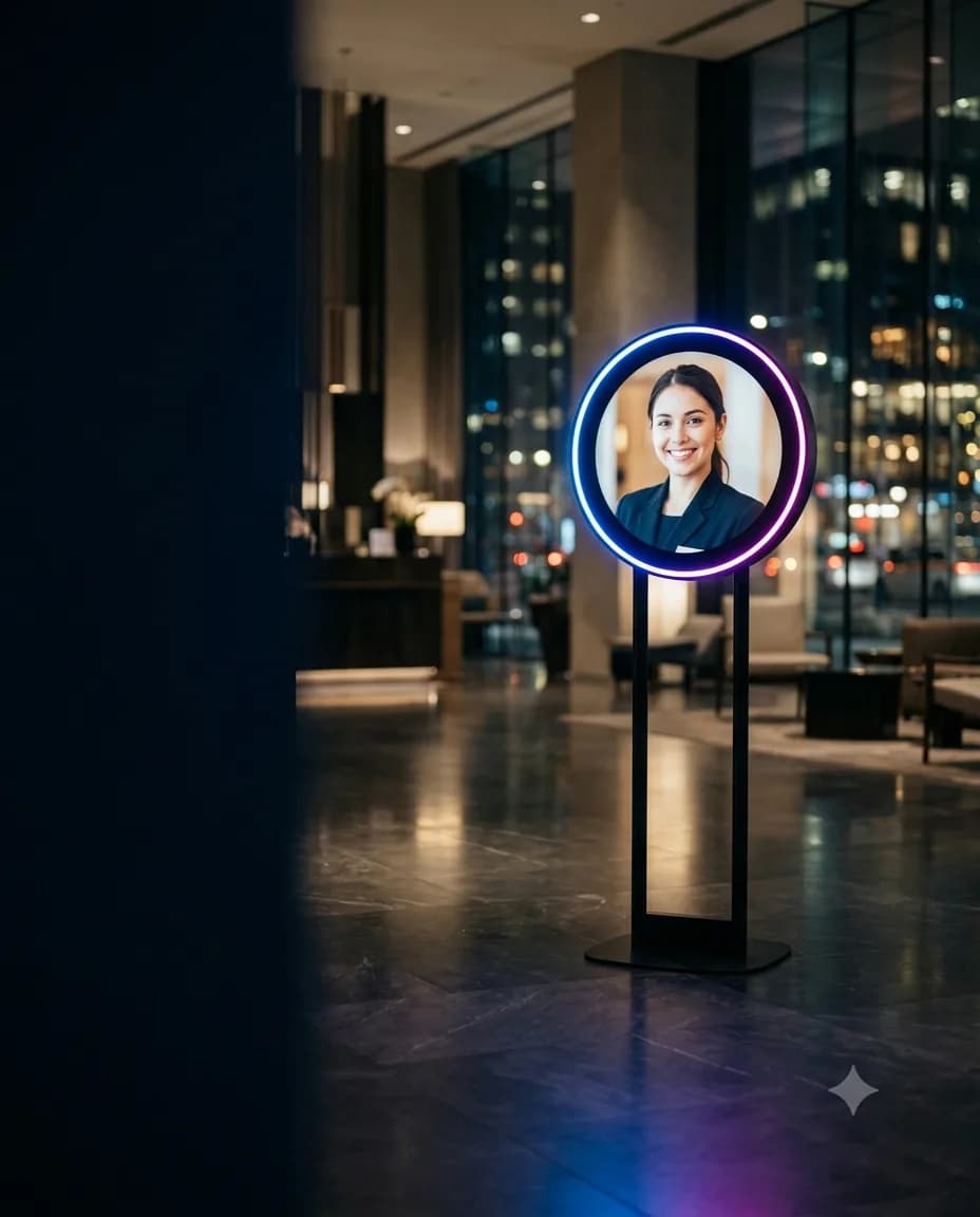 An iAvatar kiosk greeting guests in a hotel lobby at night